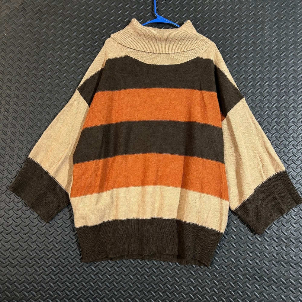 Moda Tan Brown Orange‎ Striped Long Sleeve Turtleneck Pullover Sweater Women's L